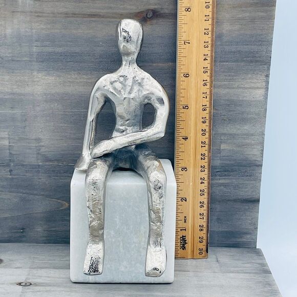 Modern Style Statue of Silver Metal Seated Human Figure Upon Marble Cube Bookend - Picture 9 of 11
